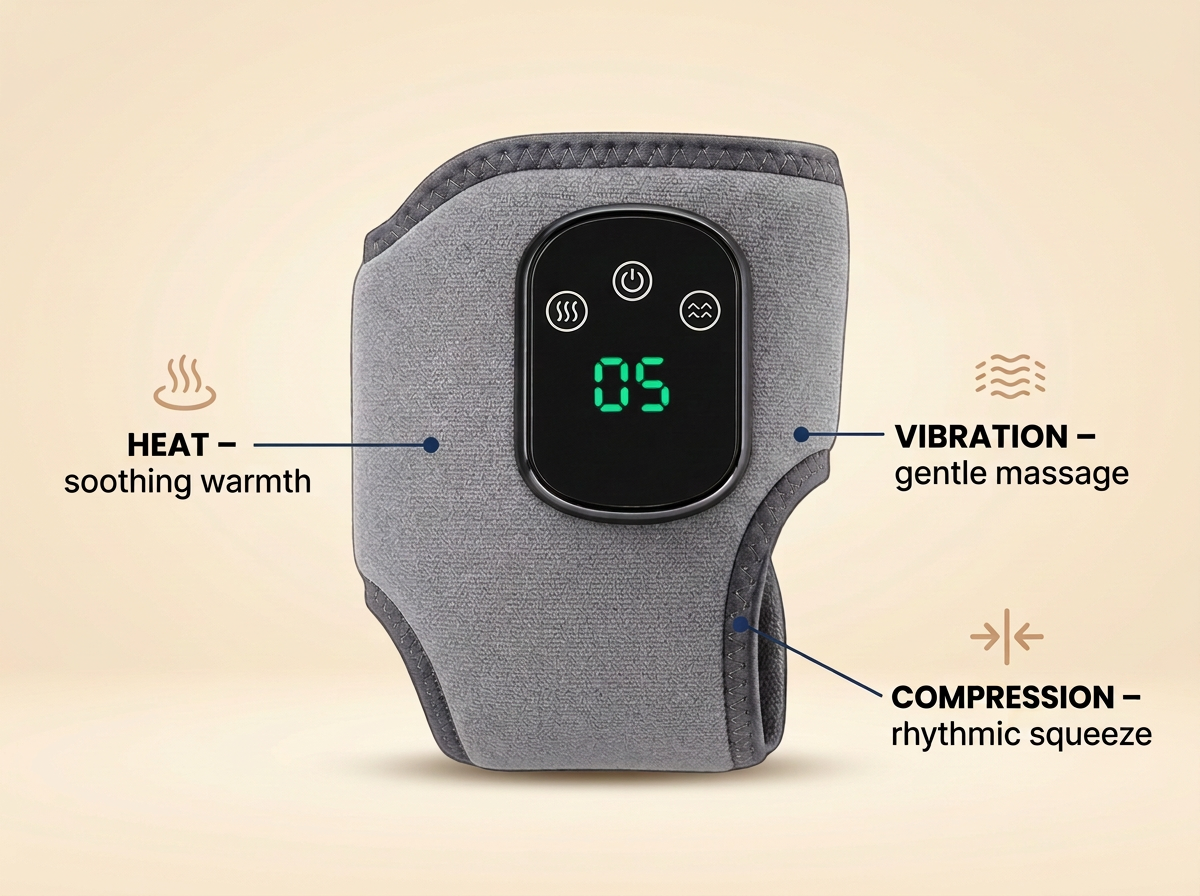 Diagram of the Struqt Foot Companion showing heat, vibration massage and compression